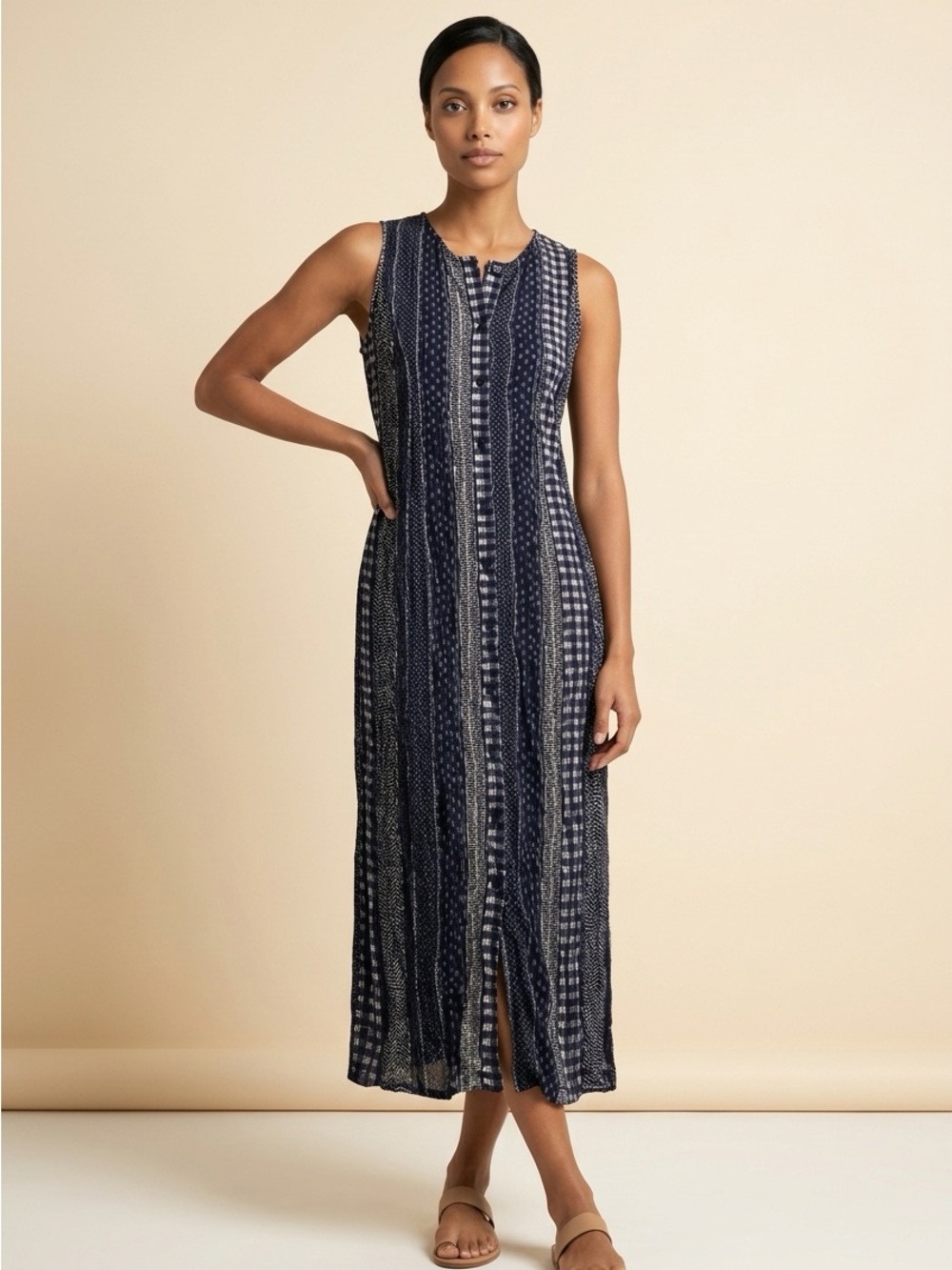 Daniel Hechter NWT -Y2K -70’s Sleeveless Navy Blue BoHo Stretch Maxi Dress -M
